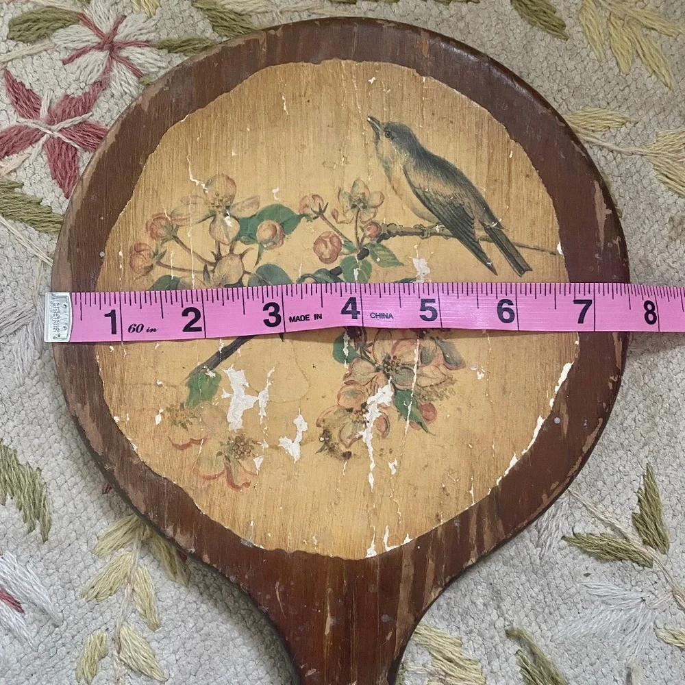 VTG I Long Handle Round Wood Hand Mirror Bird Dogwood Flowers